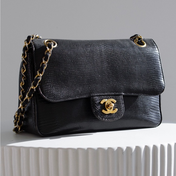 Chanel Vintage Small Classic Flap Exotic Lizard Leather 24K Gold CC Black Bag - Picture 4 of 16